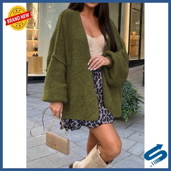 Oversized Cardigan Lantern Sleeve Lightweight Knit Open Front Sweater - Picture 6 of 8